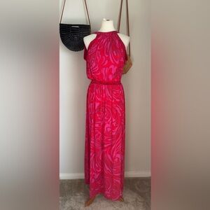 Michael Kors Vibrant Red & Pink Paisley Maxi Dress, Size Medium